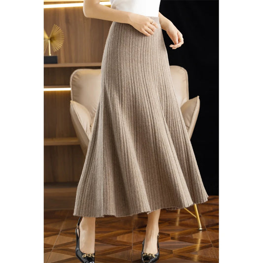 Autumn Winter A-Line Elastic High Waist Knitted Pleated Over Knee Skirt