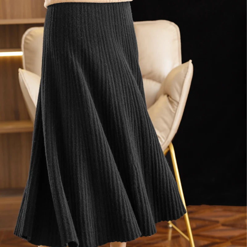 Autumn Winter A-Line Elastic High Waist Knitted Pleated Over Knee Skirt