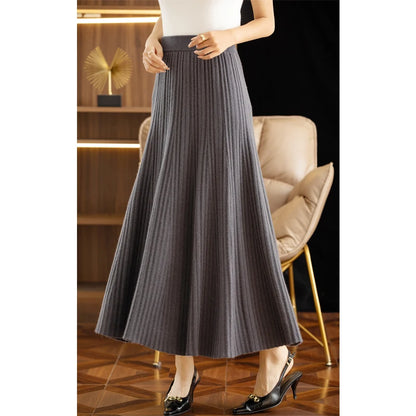 Autumn Winter A-Line Elastic High Waist Knitted Pleated Over Knee Skirt