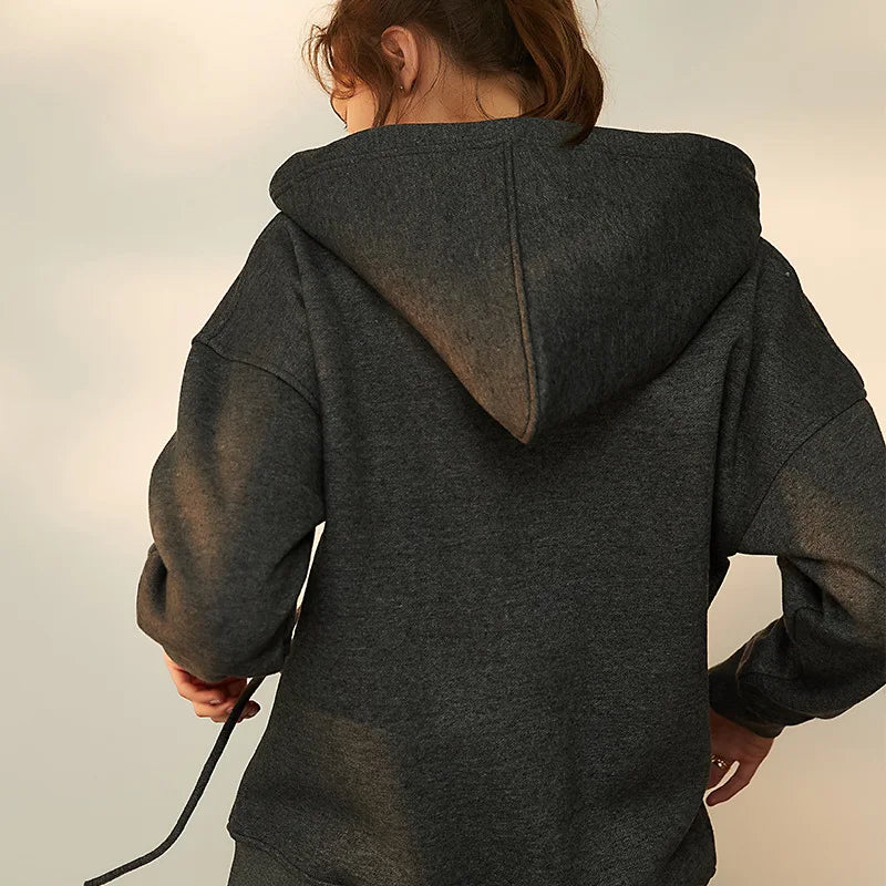 Autumn Winter Cotton Fleece Drawstring Hooded Sweater Jacket