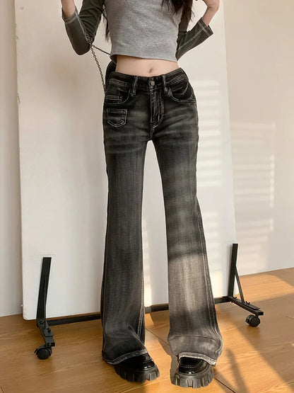 Retro Low Women Y2k Streetwear Casual Fashion Washed Black 2024 New Jeans