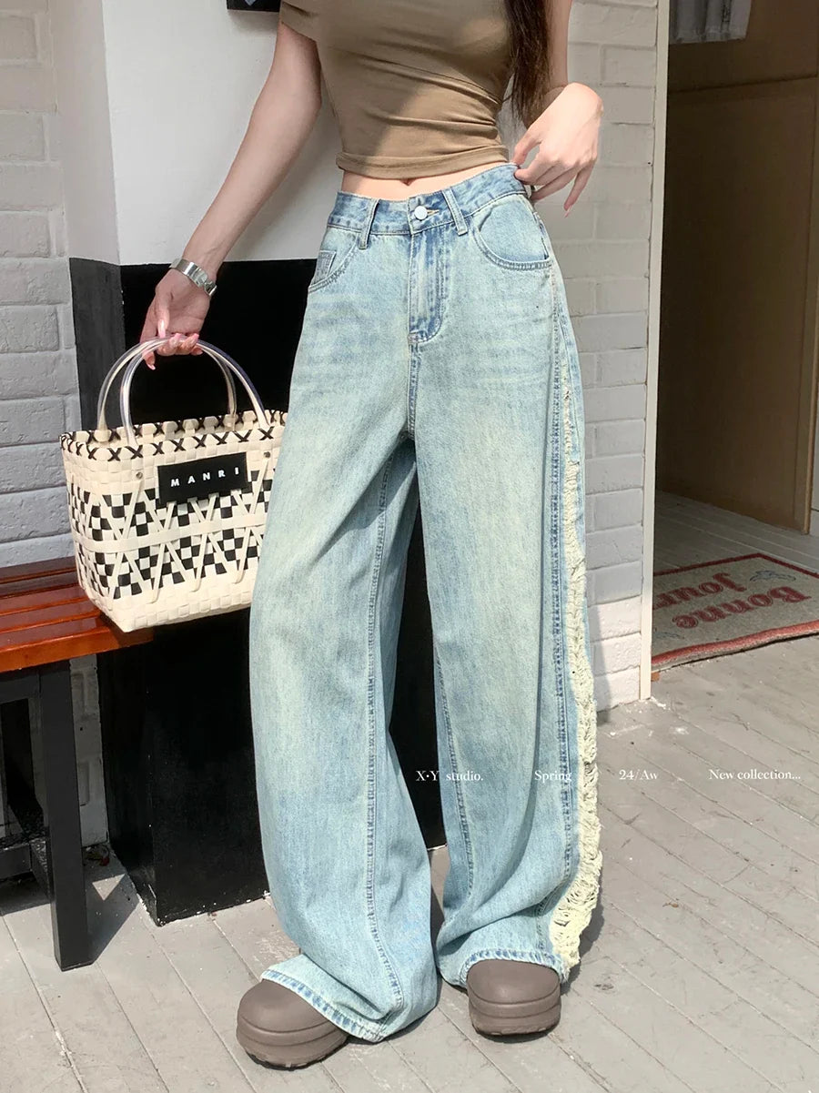 Retro Side Women's Spring Summer Streetwear Straight Loose High Waist Jeans