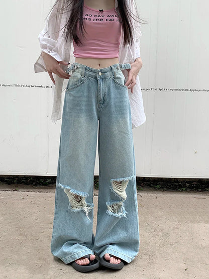 Retro Straight Wide Leg Women Street Waist Adjustable Washed Denim Jeans