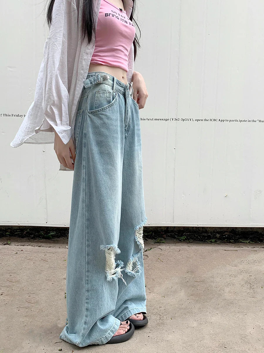 Retro Straight Wide Leg Women Street Waist Adjustable Washed Denim Jeans