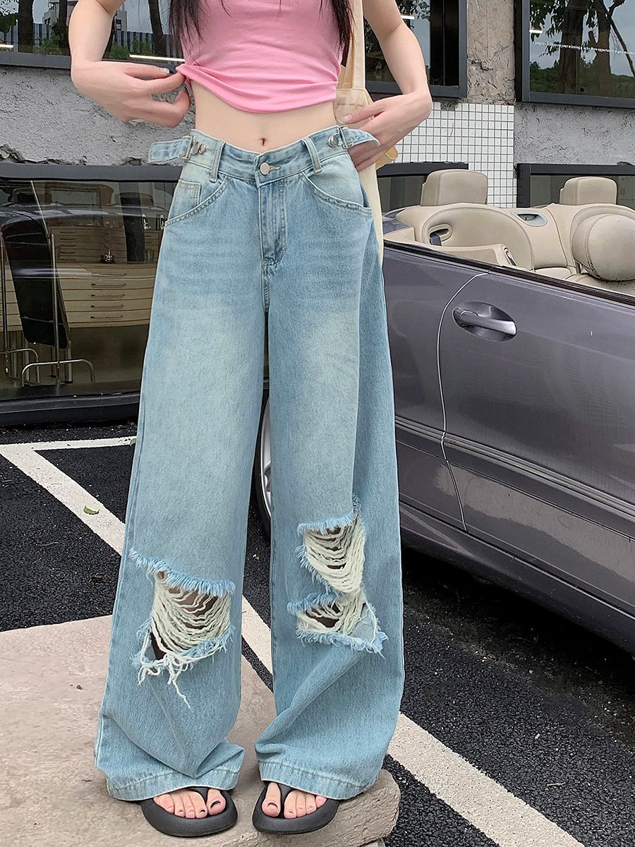 Retro Straight Wide Leg Women Street Waist Adjustable Washed Denim Jeans