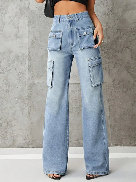Streetwear Vintage Women Washed Multiple Baggy High Waist Loose Wide Leg Jeans