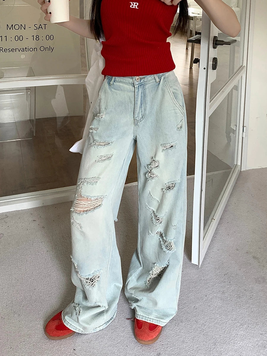 Women High Waisted Denim Light Blue Full Length Fashion Streetwear Jeans