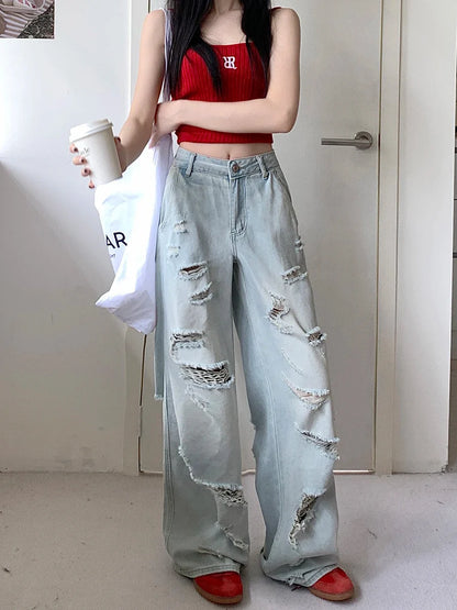 Women High Waisted Denim Light Blue Full Length Fashion Streetwear Jeans