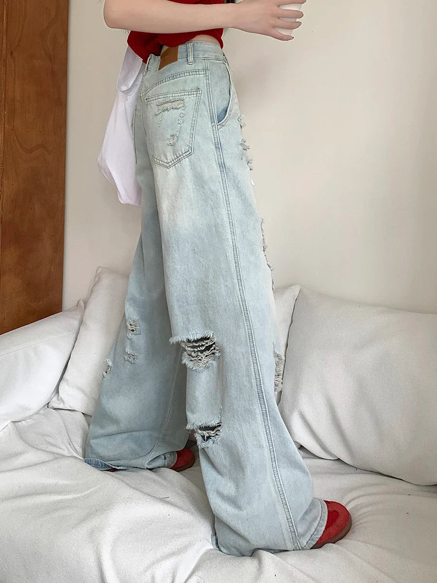 Women High Waisted Denim Light Blue Full Length Fashion Streetwear Jeans