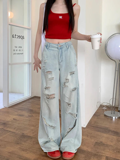 Women High Waisted Denim Light Blue Full Length Fashion Streetwear Jeans