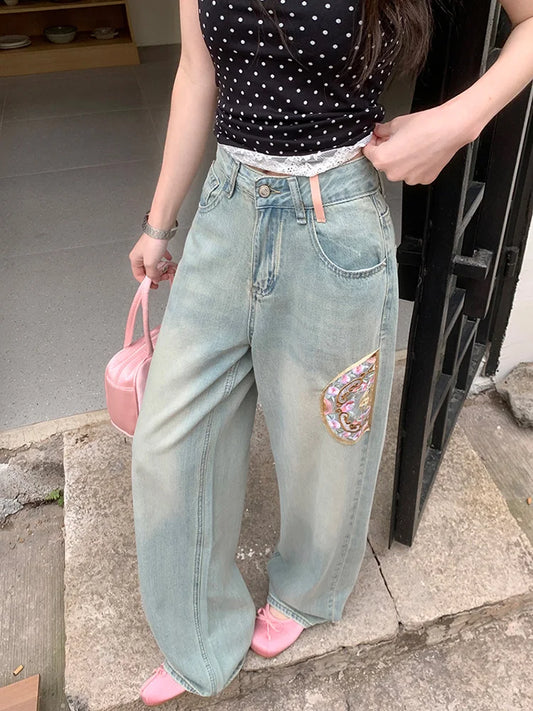 Embroidery Women's 2024 Spring Summer High Waist Loose Vintage Straight Jeans