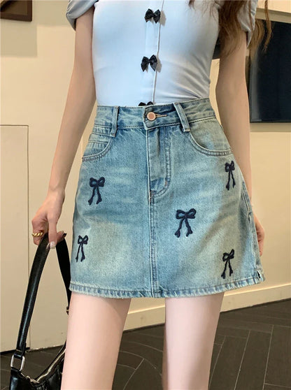 Korean Style Streetwear Mini Skirt with Embroidered Bow