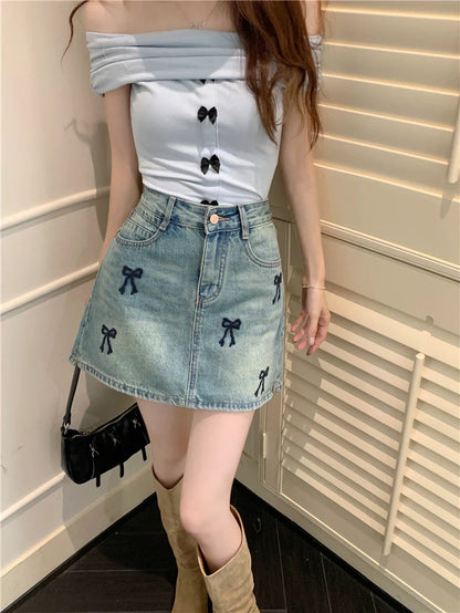 Korean Style Streetwear Mini Skirt with Embroidered Bow