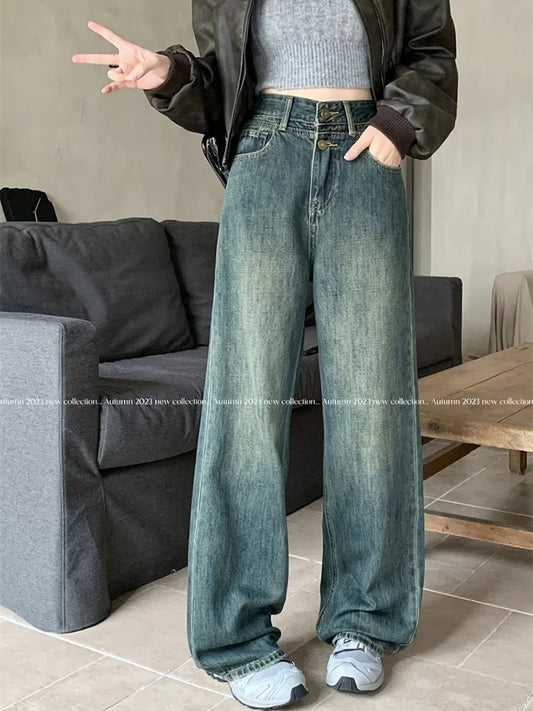High Waist Retro Women's Fashion Y2k Streetwear Washed Straight Wide Leg 2024 New Jeans