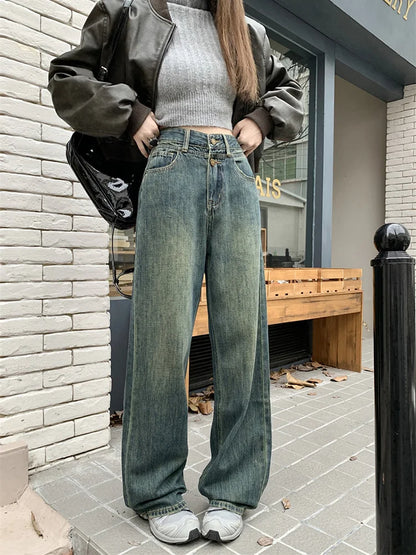 High Waist Retro Women's Fashion Y2k Streetwear Washed Straight Wide Leg 2024 New Jeans