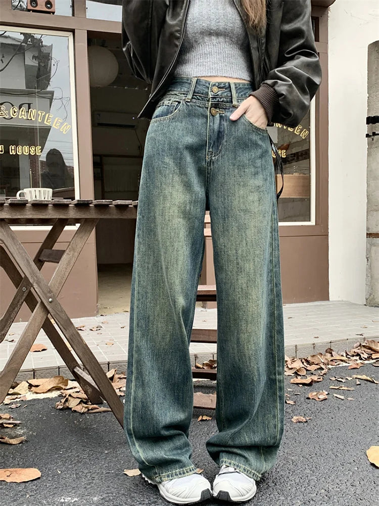 High Waist Retro Women's Fashion Y2k Streetwear Washed Straight Wide Leg 2024 New Jeans