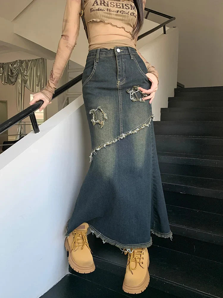 Mermaid Hem Washed Jean Long Skirt