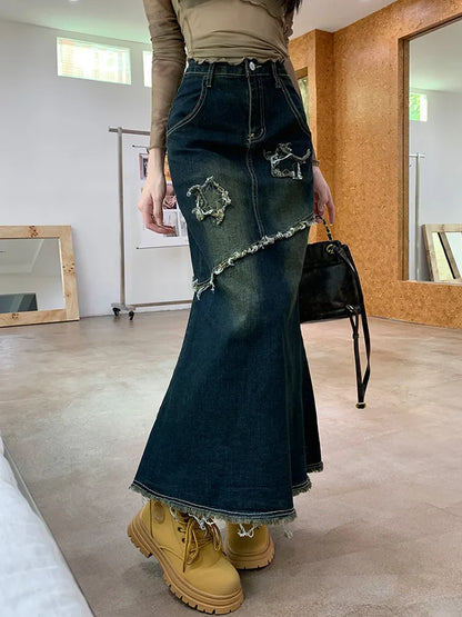 Mermaid Hem Washed Jean Long Skirt