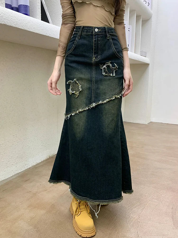 Mermaid Hem Washed Jean Long Skirt