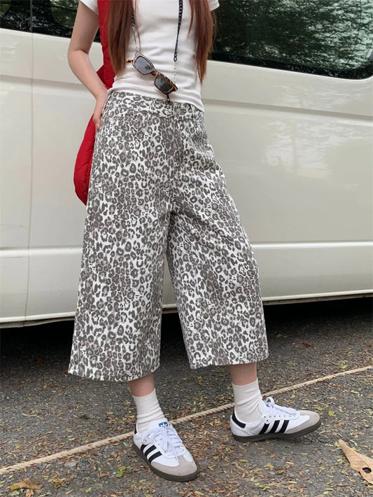 Leopard Print Women 2024 Cropped Pants Streetwear Y2k Wide Leg Jeans