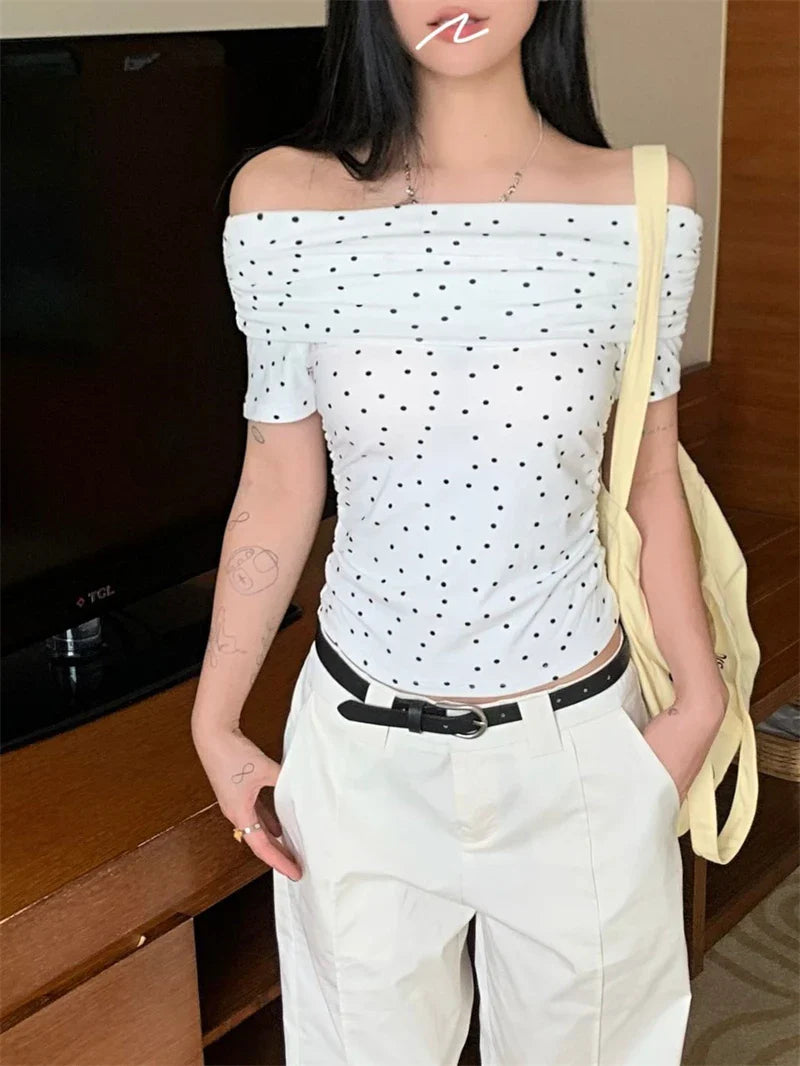 Benuynffy Polka Shoulder Off Crop Slim-fit Dot Top Blouse