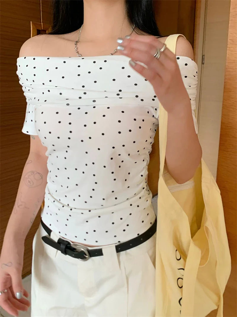 Benuynffy Polka Shoulder Off Crop Slim-fit Dot Top Blouse