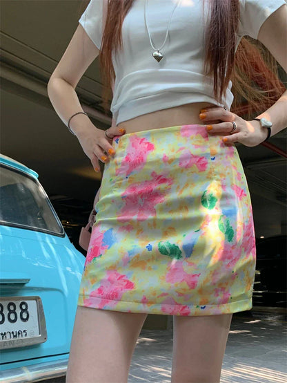 Satin Flower High Waist Mini Skirt