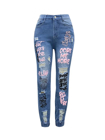 Streetwear Hip Hop Letter Print Ripped Women Fashion Y2K Harajuku Mid Casual Pencil Jeans