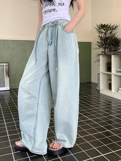 Streetwear Women Leg 2024 Spring Summer Drawstring Adjustable High Waist Denim Jeans