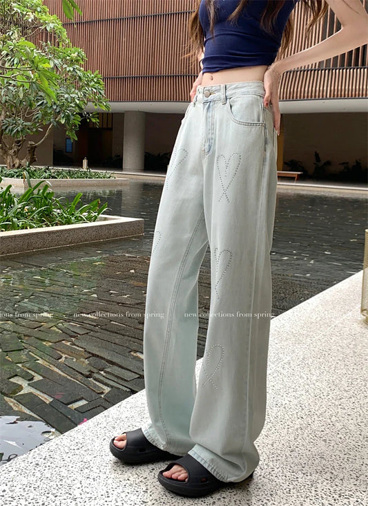 Streetwear Y2k Diamond Fashion Girls Vintage Denim Women High Waist Wide Leg Jeans