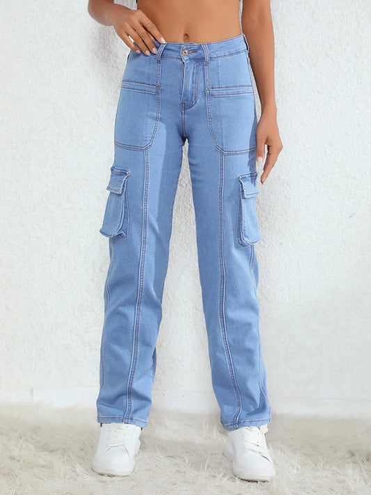 Vintage Women's Streetwear Straight-Leg Multi-pocket Casual 2024 Jeans