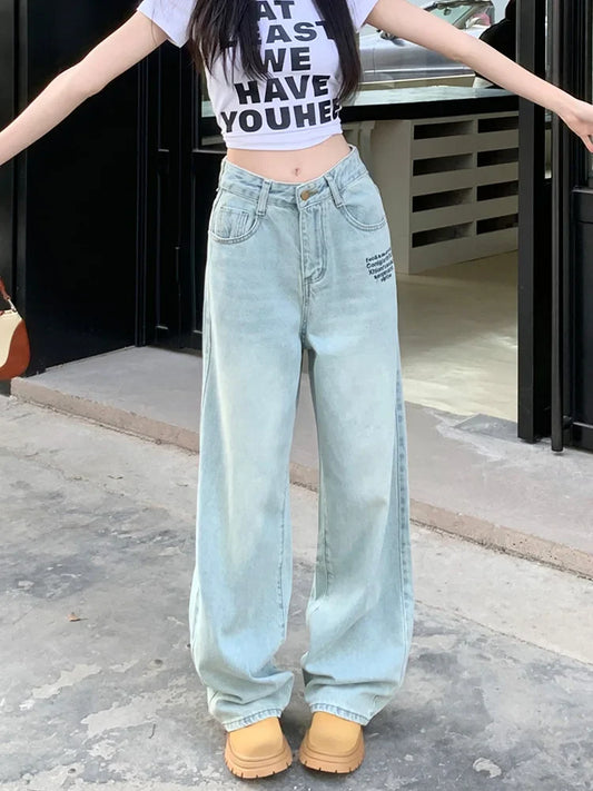 Vintage Letter Straight For Women 2024 Spring Streetwear High Waist Long Jeans