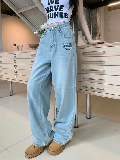 Vintage Letter Straight For Women 2024 Spring Streetwear High Waist Long Jeans