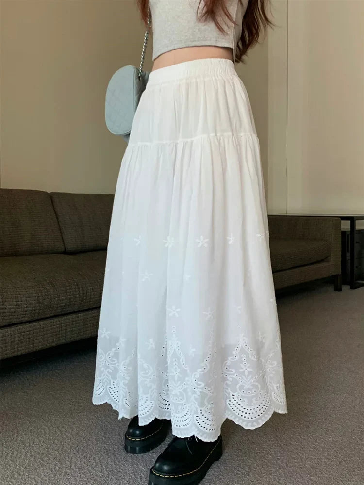 Vintage Swing Long Skirt with White Hollow Embroidery