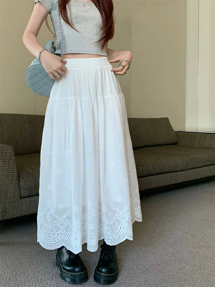 Vintage Swing Long Skirt with White Hollow Embroidery