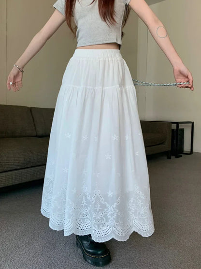 Vintage Swing Long Skirt with White Hollow Embroidery