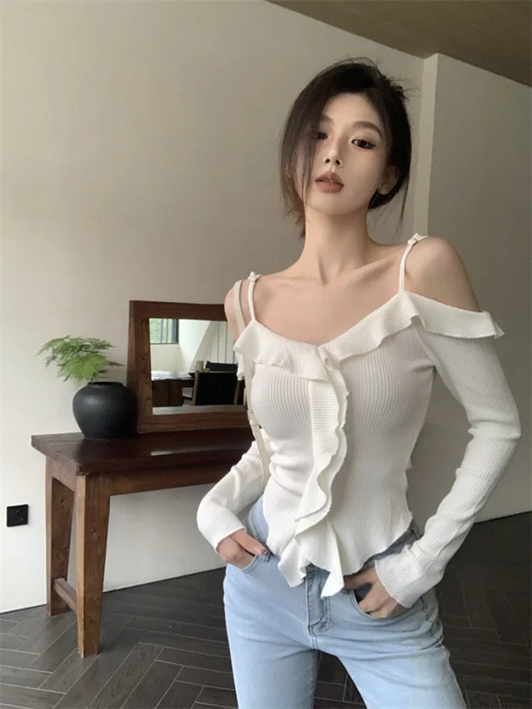 Slim White Ruffle Crop Knit Benuynffy Trim Top Blouse