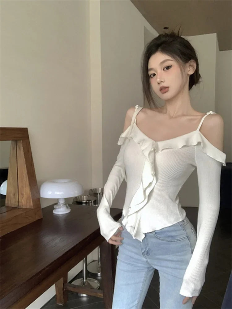 Slim White Ruffle Crop Knit Benuynffy Trim Top Blouse