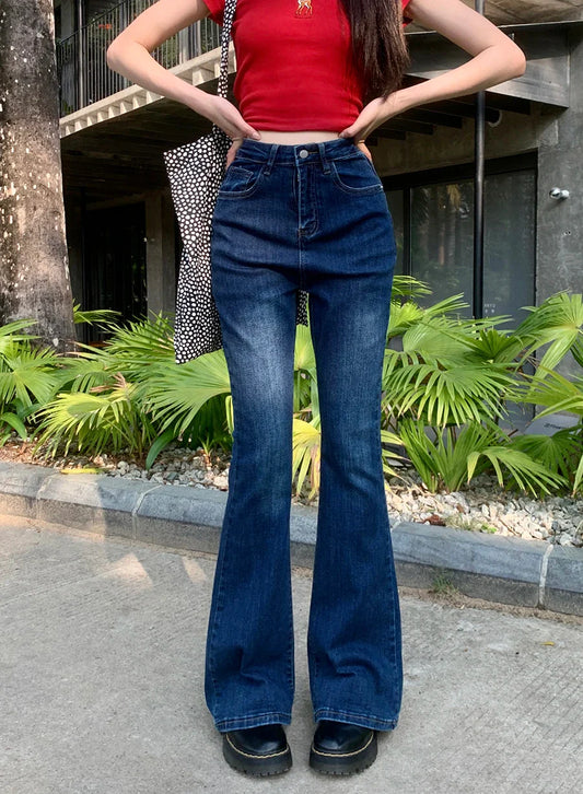 Women's Bow Print Flare Streetwear High Waist Female Casual Vintage Length Denim Jeans