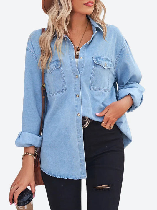 Benuynffy Tops Loose Boyfriend Womens Denim Up Button Thin Blouse