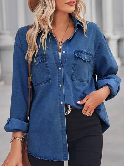 Benuynffy Tops Loose Boyfriend Womens Denim Up Button Thin Blouse