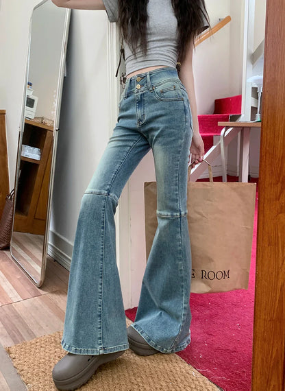 Women's Waist Streetwear Flared Fashion Stretch Slim Washed Denim Jeans