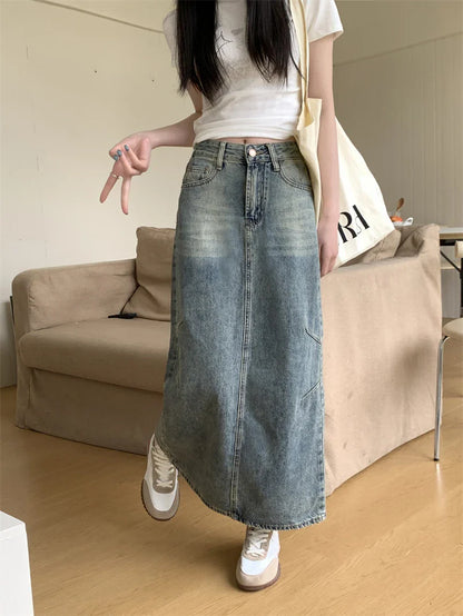 Retro Split High Waist A-line Denim Skirt