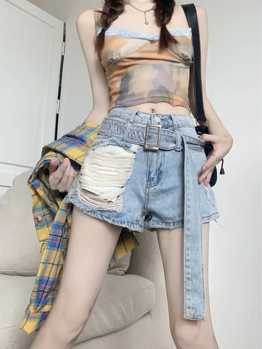 Y2k Washed Ripped Belted Denim Short