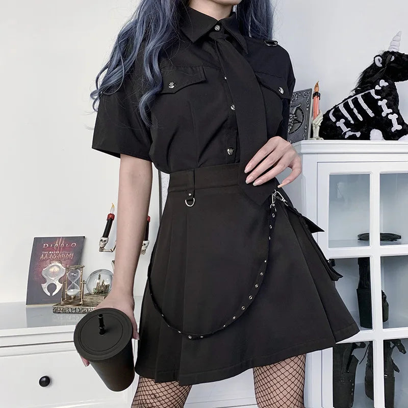 Black Functional Gothic Harajuku Goth Irregular Waist Tooling Waist High Pleated Y2k Chain A-line Skirt