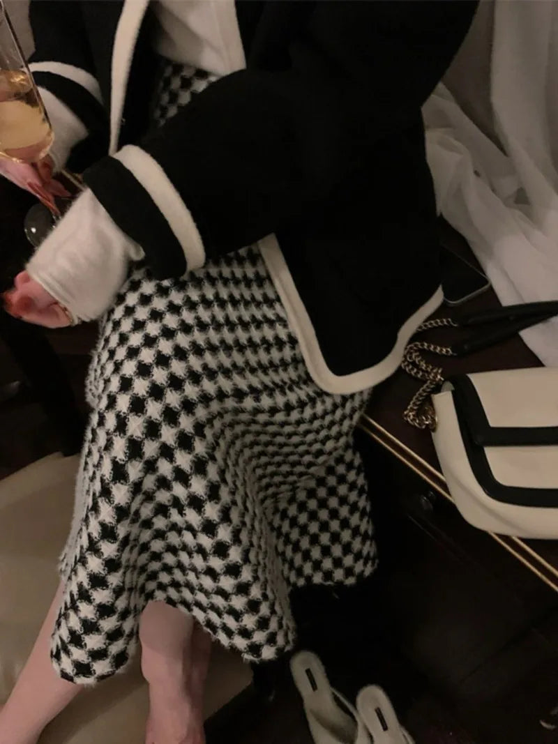 Black White Thousand Bird Plaid Thickened Wool High Waisted Knitted A-Line Skirt