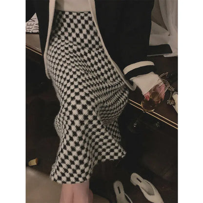 Black White Thousand Bird Plaid Thickened Wool High Waisted Knitted A-Line Skirt