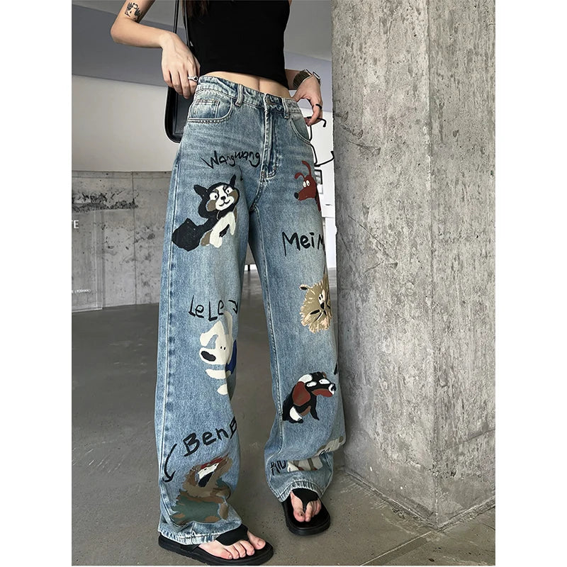 Wide Blue Chic Denim Waist High Leg Baggy Graffiti Streetwear Jeans