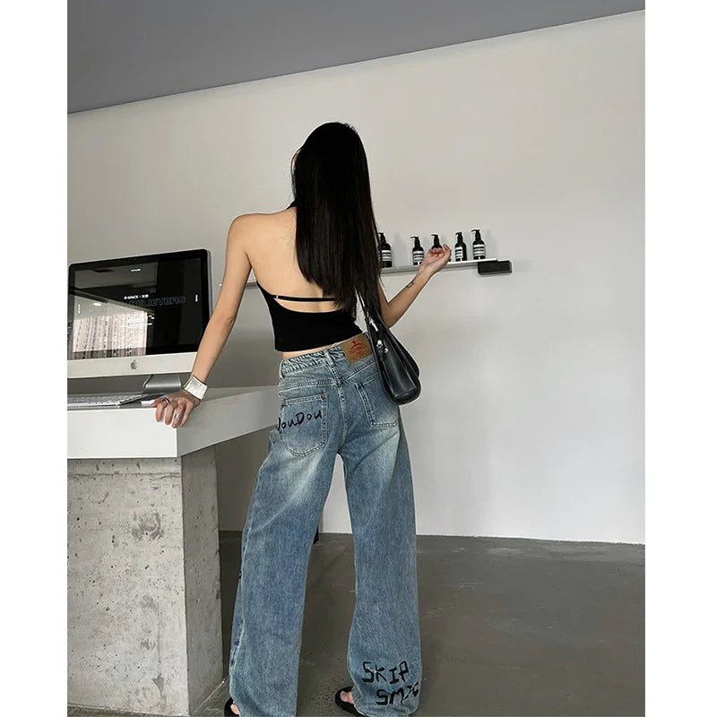 Wide Blue Chic Denim Waist High Leg Baggy Graffiti Streetwear Jeans