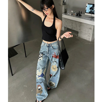 Wide Blue Chic Denim Waist High Leg Baggy Graffiti Streetwear Jeans